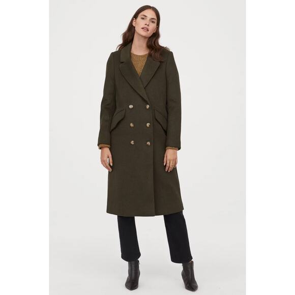 H&M Dark Green Double Breasted Longline Coat Wool Blend 4 Fall Winter Minimal‎ - Picture 1 of 8